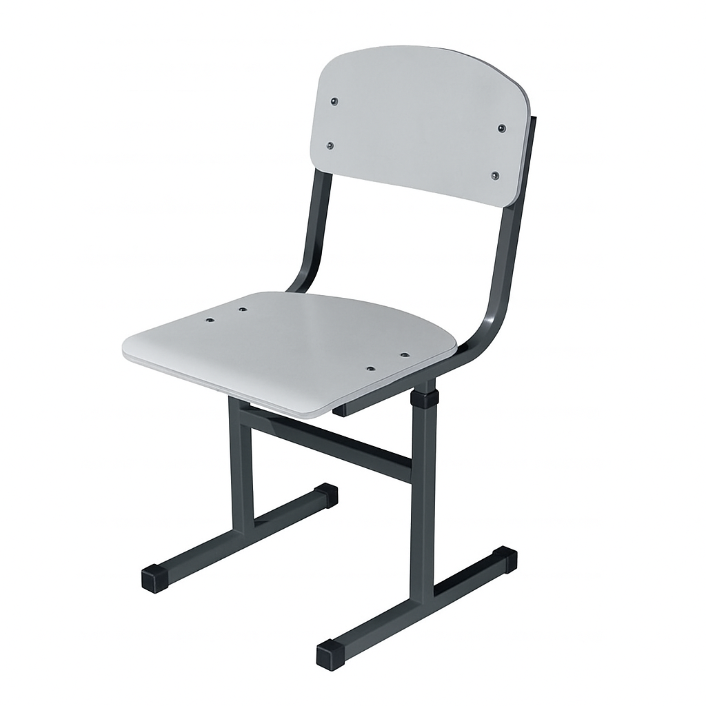 Стілець учнівський Т-подібний, з покриттям фанери пластиком HPL та регулюванням глибини сидіння, на квадратній трубі, ЛЕЛЕКА, 380х424-465х(745)775-855 мм.